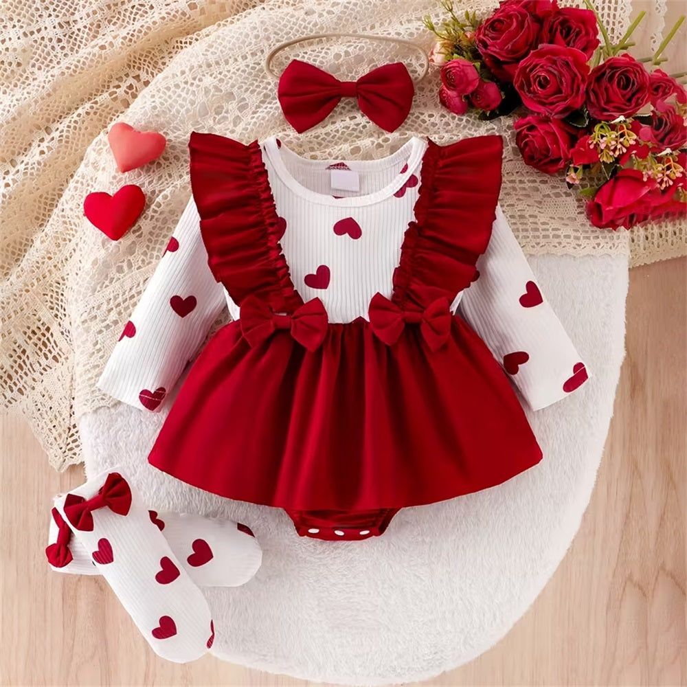 3PCS Trend Heart Print Ruffle Shoulder Long Sleeve Baby Romper