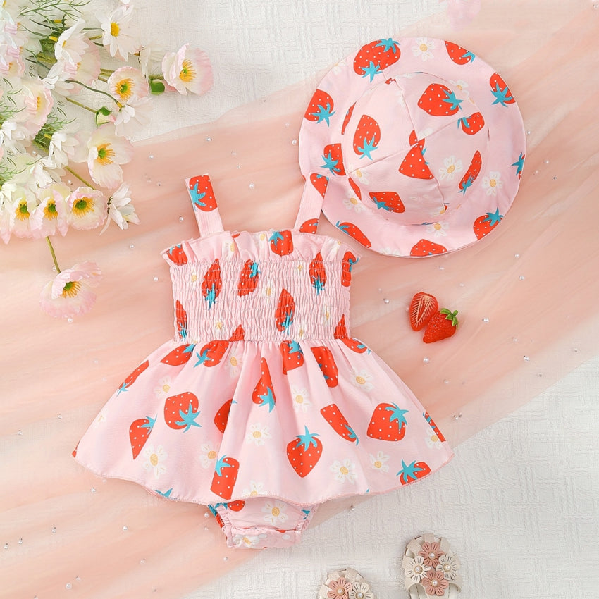 2PCS Lovely Strawberry & Floral Print Sleeveless Baby Girl Romper
