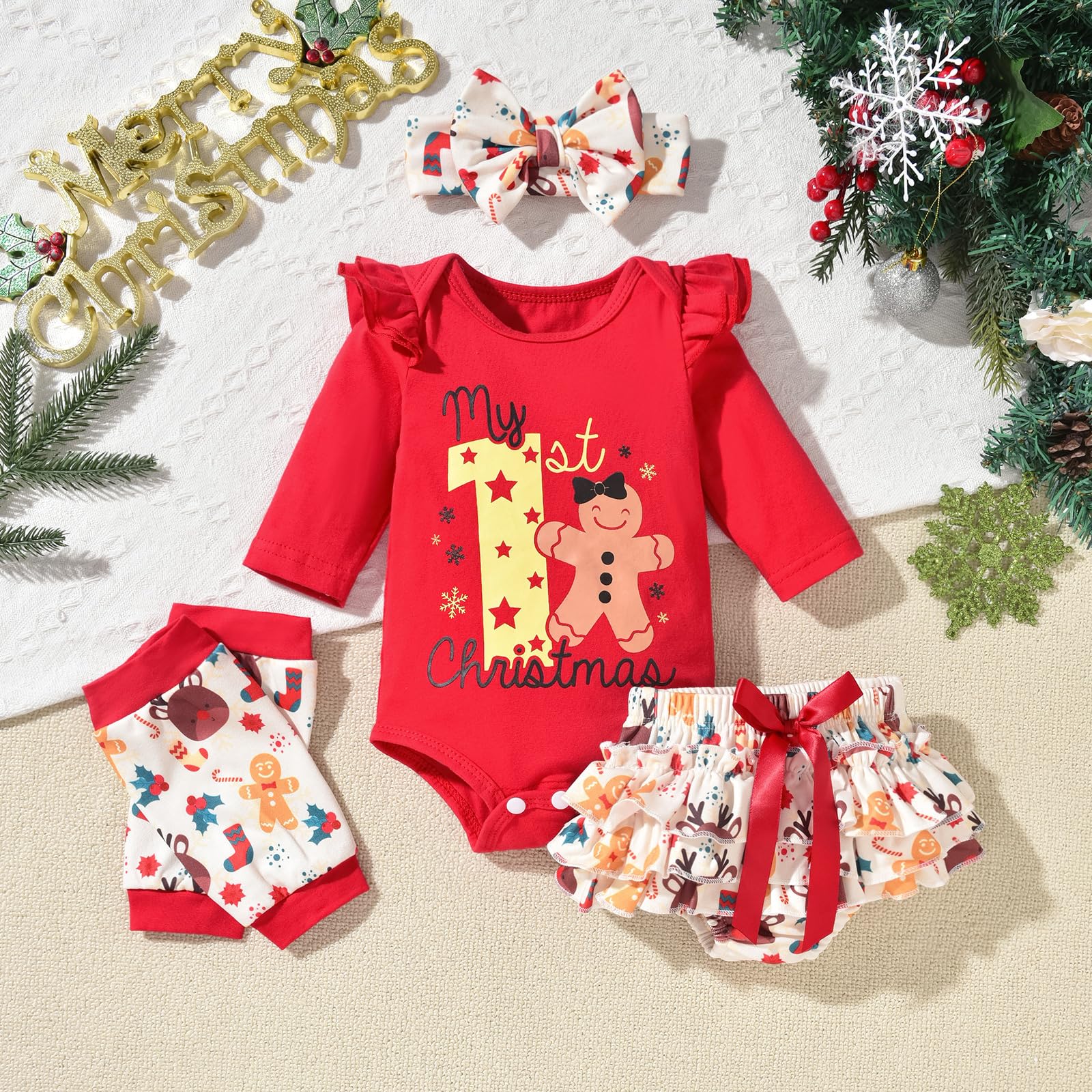 4PCS My 1st Christmas Letter Printed Baby Set