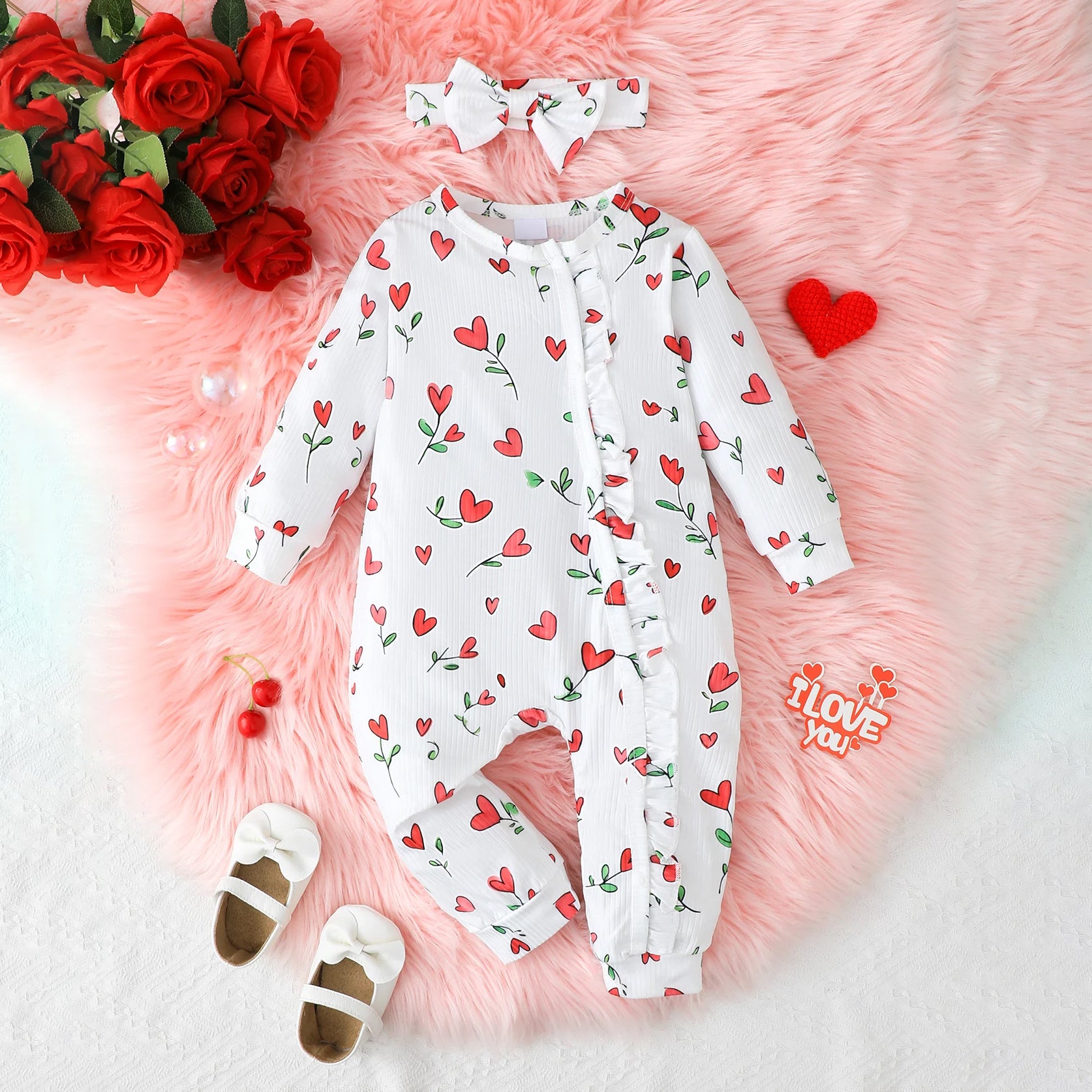 2PCS Heart Floral Printed Long Sleeve Baby Jumpsuit
