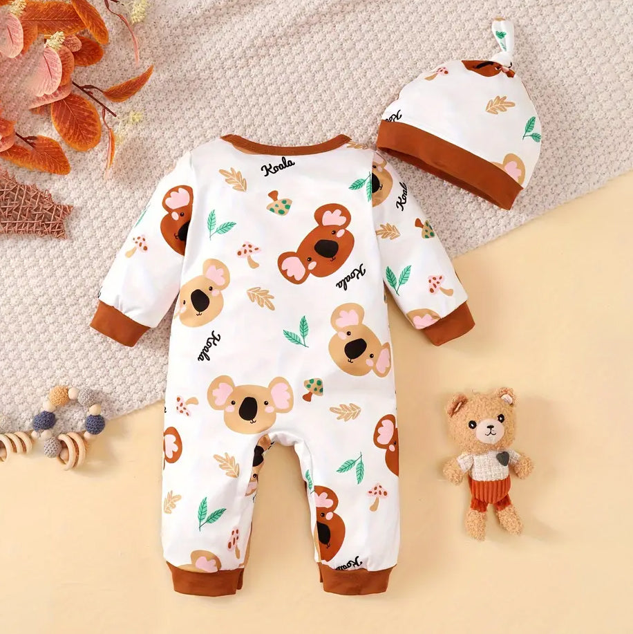 2PCS Comfortable Koala Printed Long Sleeve Baby Jumpsuit