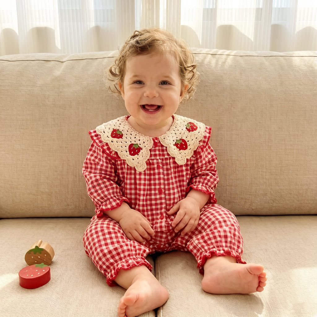 Strawberry Embroidery Plaid Print Long Sleeve Baby Jumpsuit