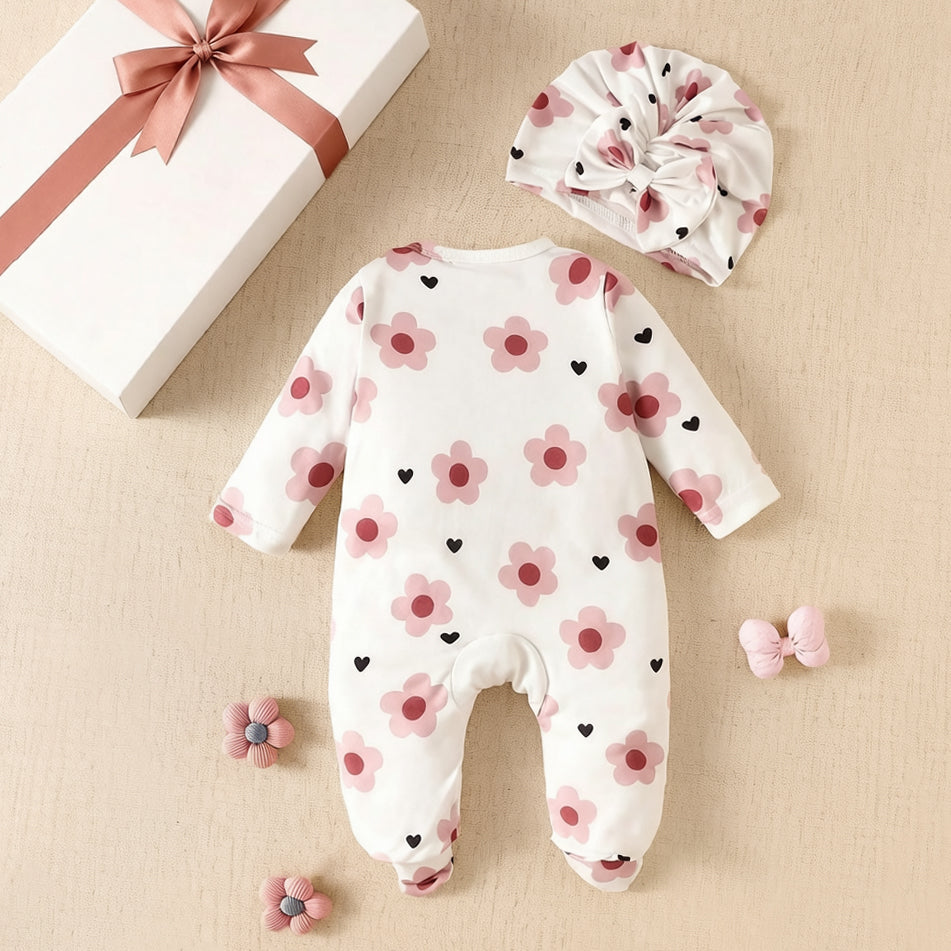2PCS Elegant Floral Print Long Sleeve Ruffle Baby Jumpsuit