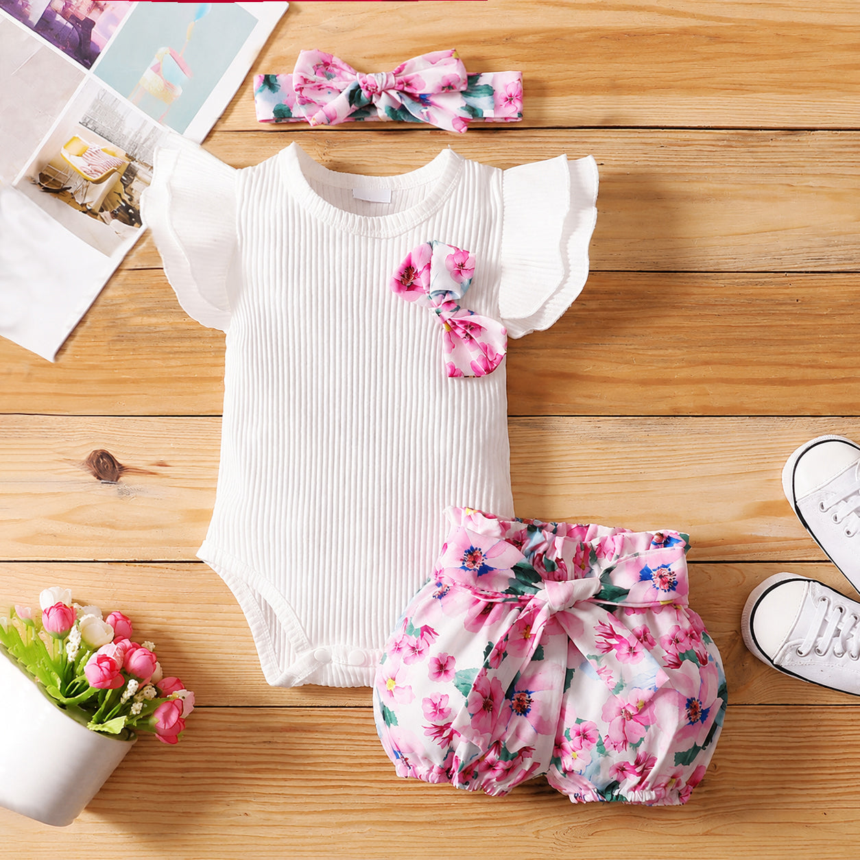3PCS Pretty Floral Printed Flounce Sleeve Baby Set