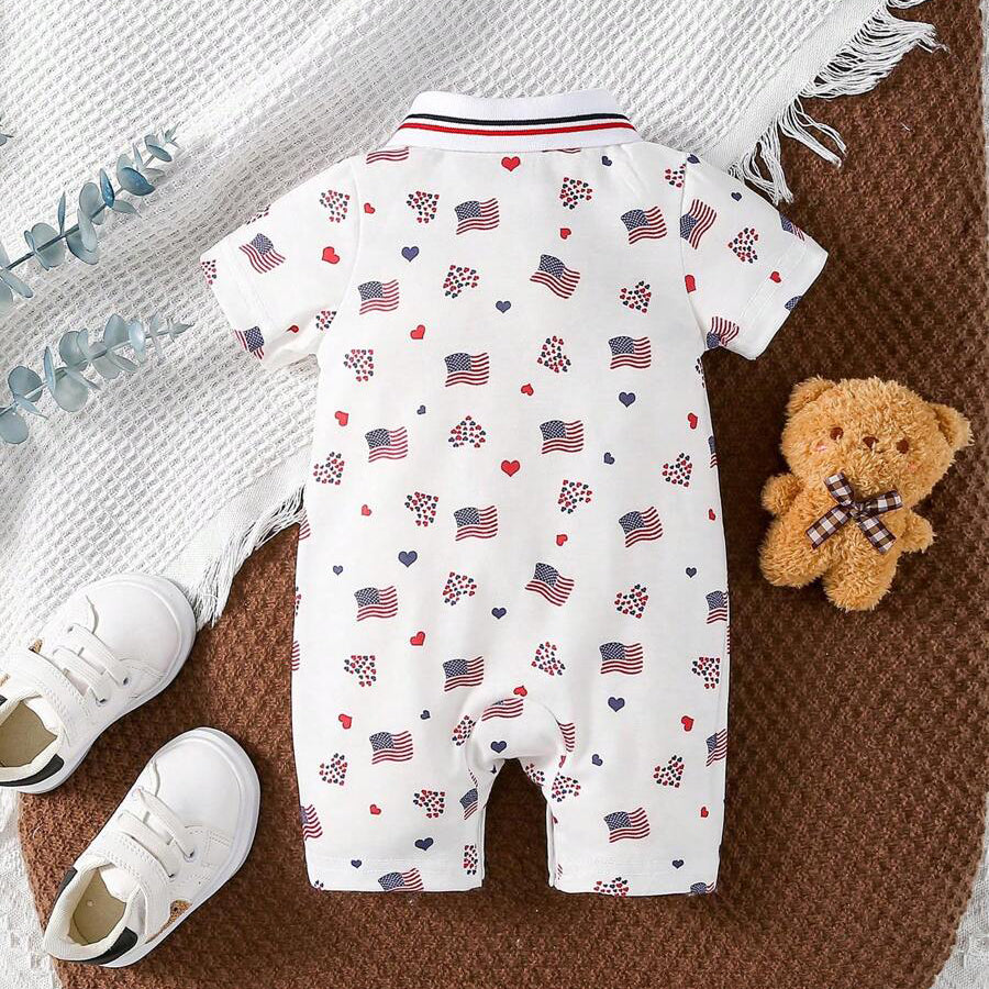 American Flag Printed Short Sleeve Baby Polo Collar Jumpsuit