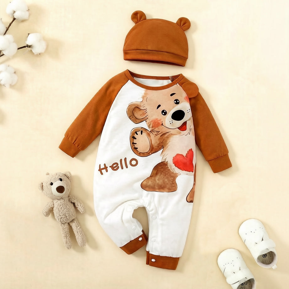 2PCS Casual Hello Letter Bear Print Long Sleeve Baby Jumpsuit