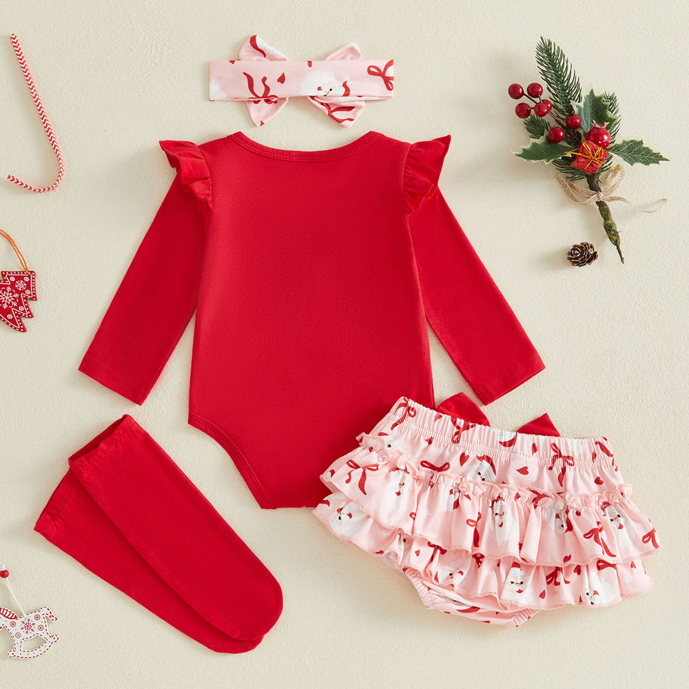 4PCS My First Christmas Letter Bow Santa Claus Print Baby Set