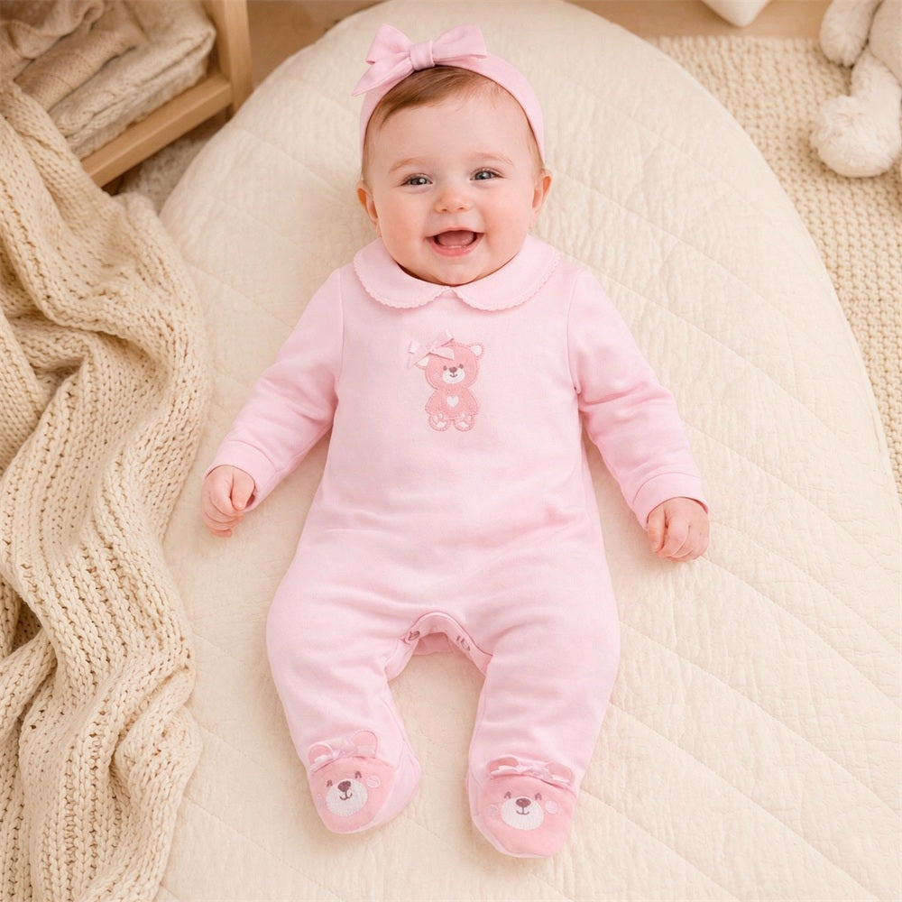 Cute Bear Embroidery Long Sleeve Baby Girl Jumpsuit
