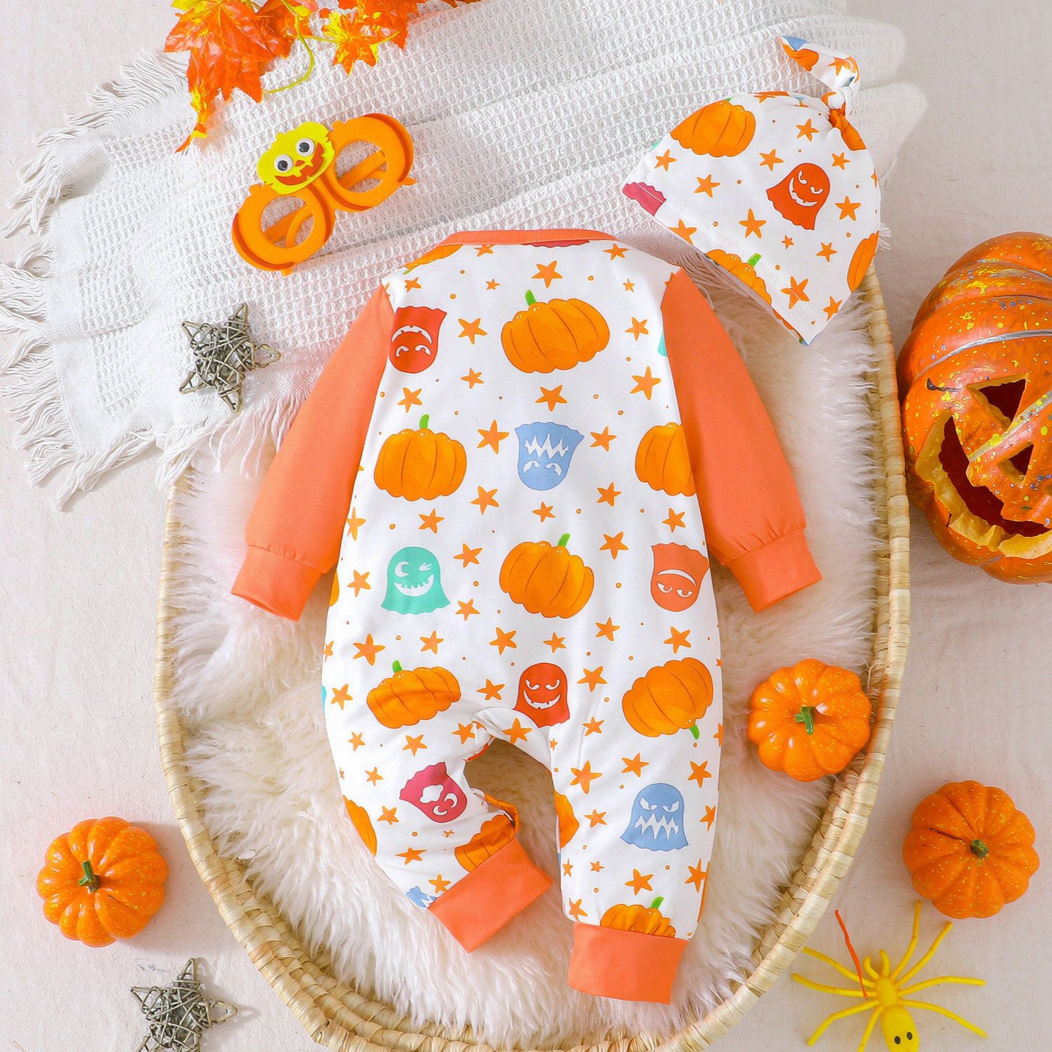 2PCS Cute Pumpkin and Ghost Print Long Sleeve Baby Jumpsuit