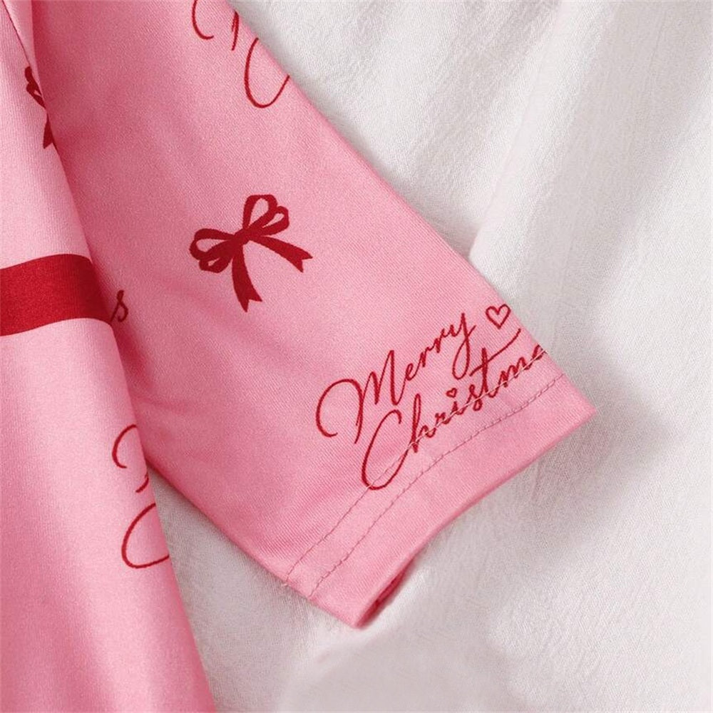 2PCS Christmas Bowknot Printed Long Sleeve Baby Jumpsuit