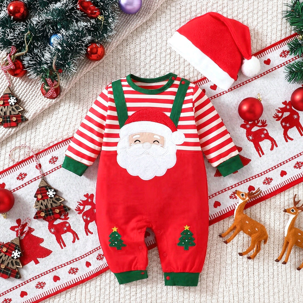 2PCS Cute Santa Applique Stripe Print Baby Christmas Jumpsuit