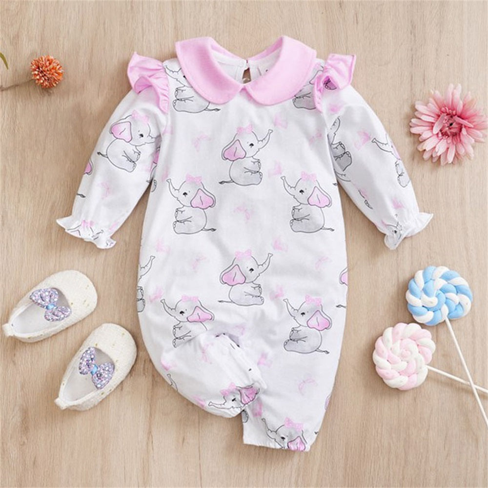 Lovely Elephant Print Polo Collar Long Sleeve Baby Jumpsuit