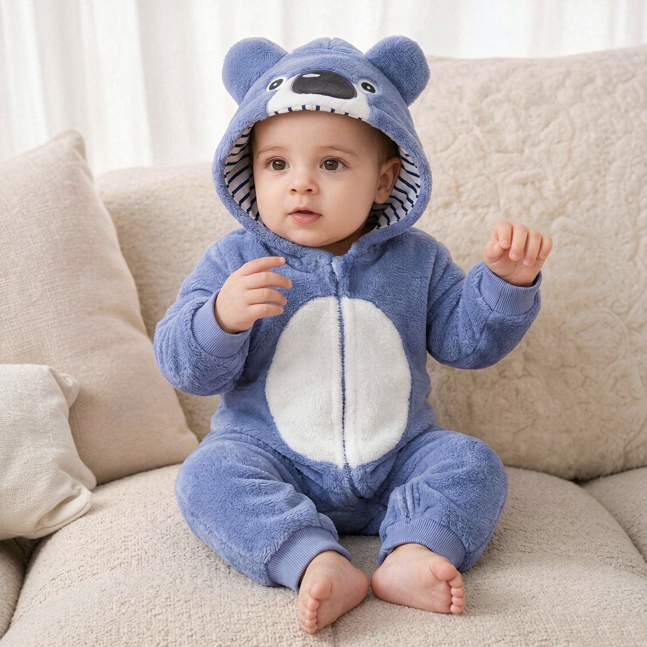 Casual Fuzzy 3D Ear Bear Stripe Printed Zipper Baby Jumpsuit