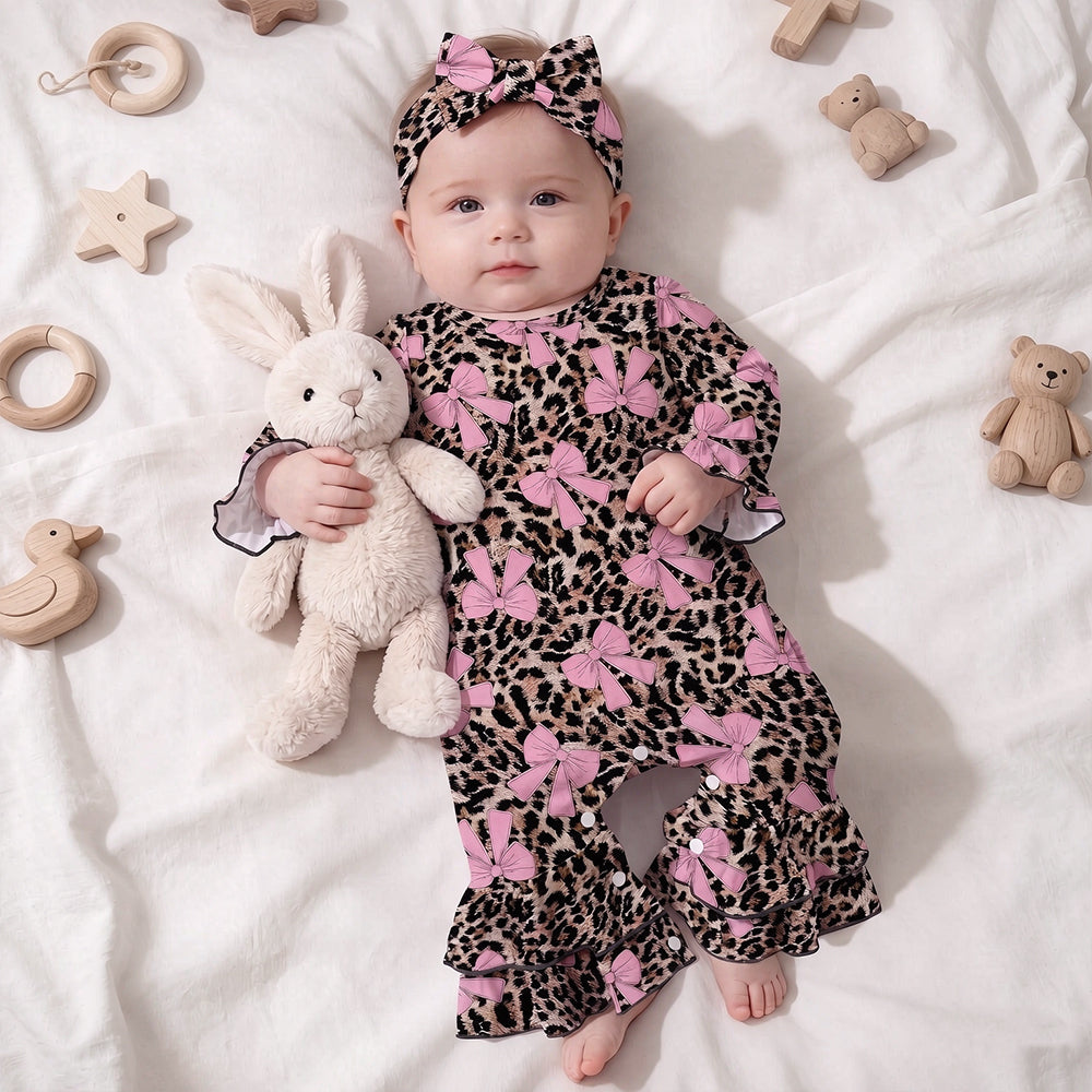 3PCS Chic Bow Leopard Print Long Sleeve Baby Girl Jumpsuit