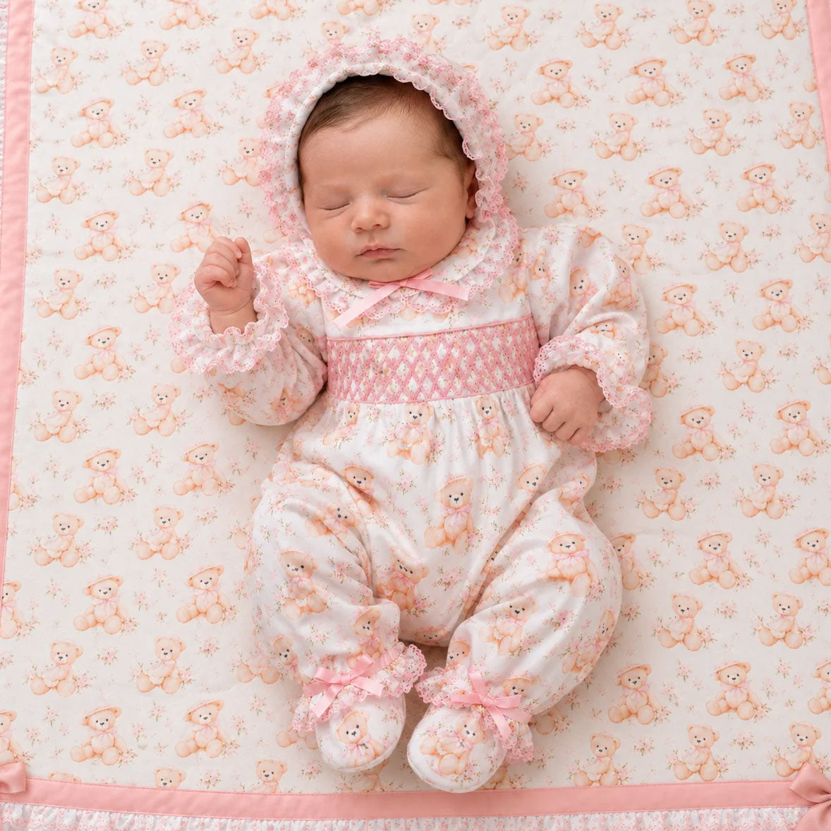 2PCS Lovely Teddy Bear and Floral Print Long Sleeve Baby Girl Jumpsuit