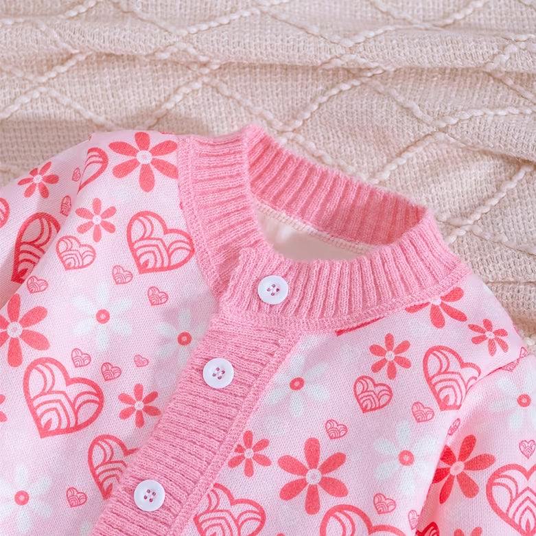 Pretty Heart Floral Print Long Sleeve Knit Baby Girl Jumpsuit