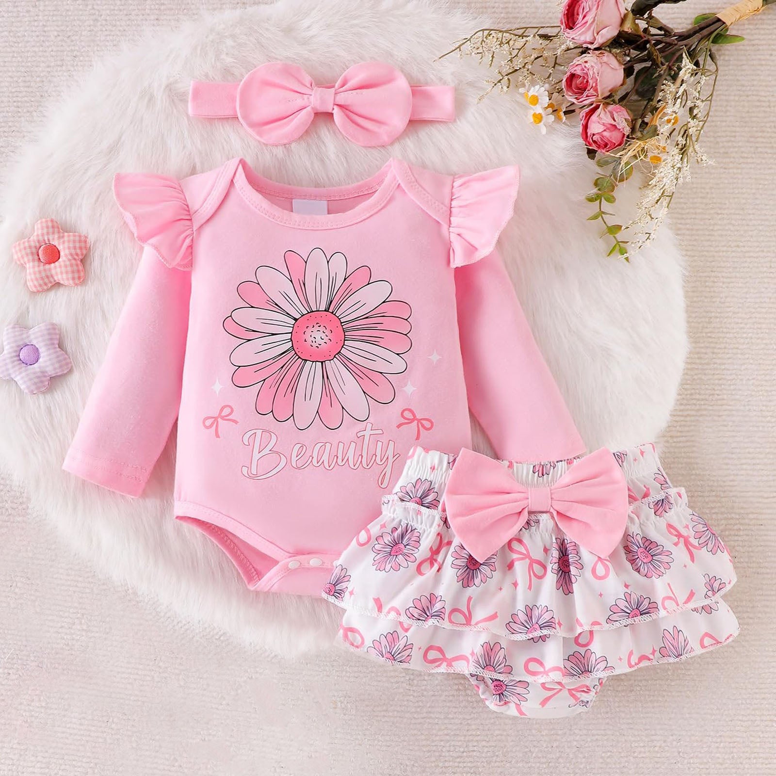 3PCS Beauty Letter Daisy Printed Long Sleeve Baby Set