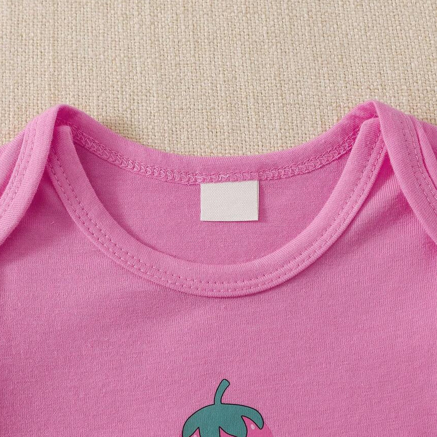 3PCS Cute Strawberry & Plaid Print Flutter Sleeve Baby Set