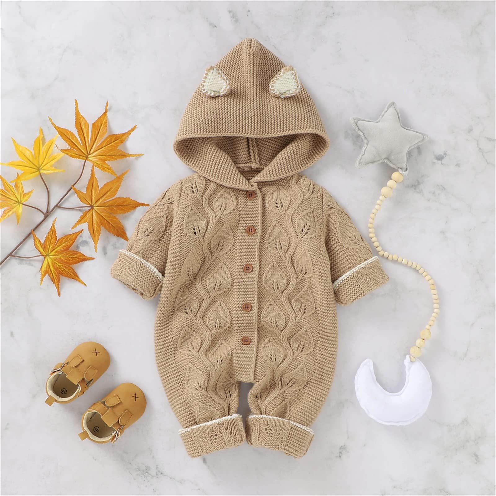 Solid Color Knitted Sweater Long Sleeve Hooded Baby Jumpsuit