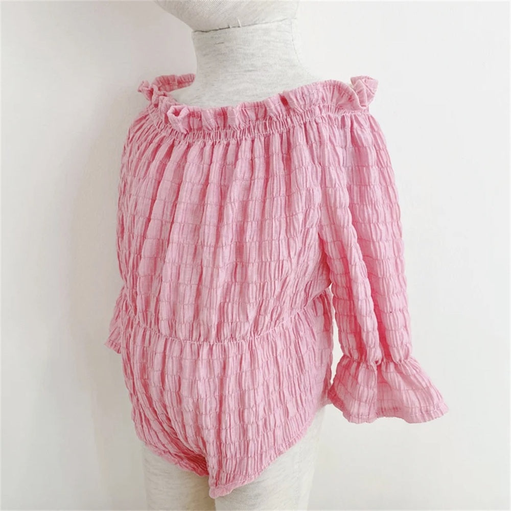 2PCS Lovely Solid Color Crinkle Grid Baby Romper
