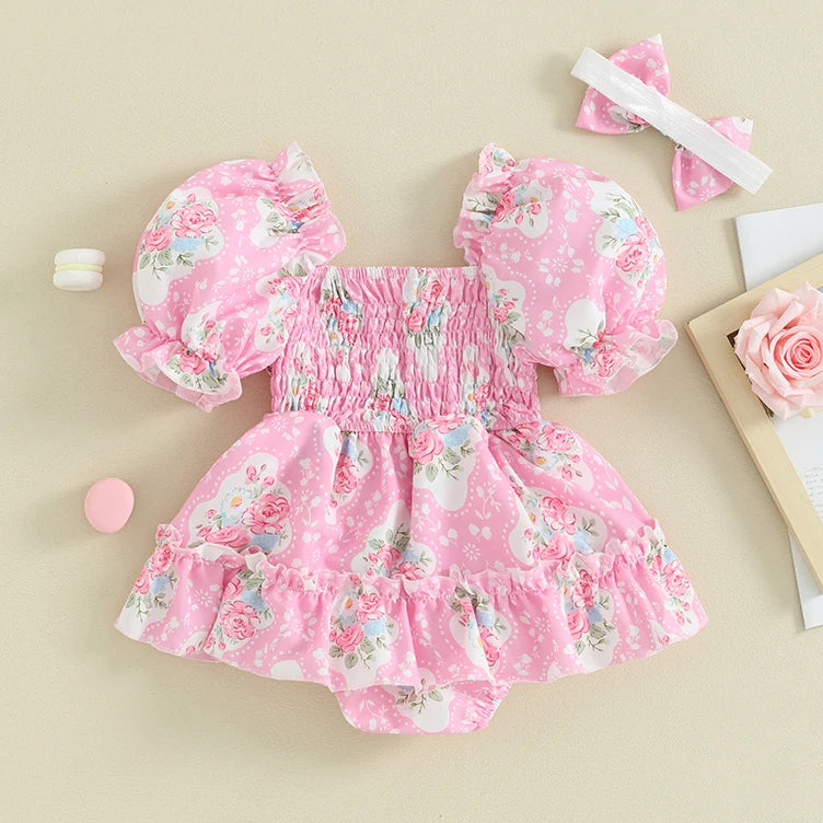 2PCS Charming Floral Print Short Sleeve Baby Romper
