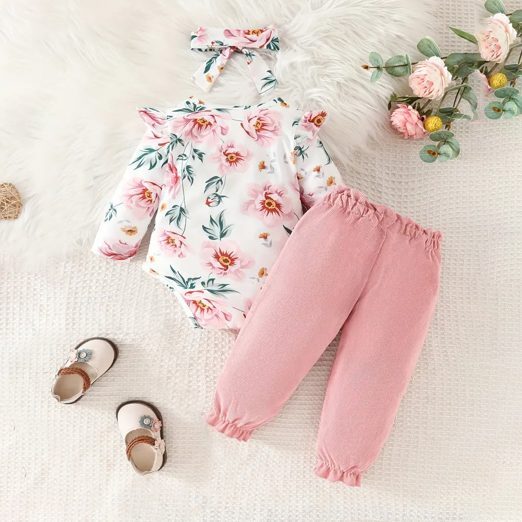 3PCS Casual Flower Pattern Ruffled Long Sleeve Baby Set