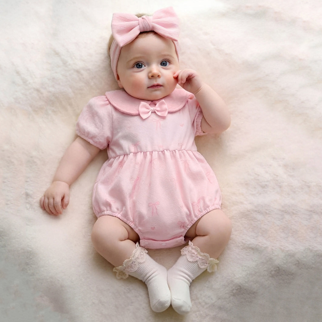 Sweet Bow Print Puff Sleeve Baby Romper
