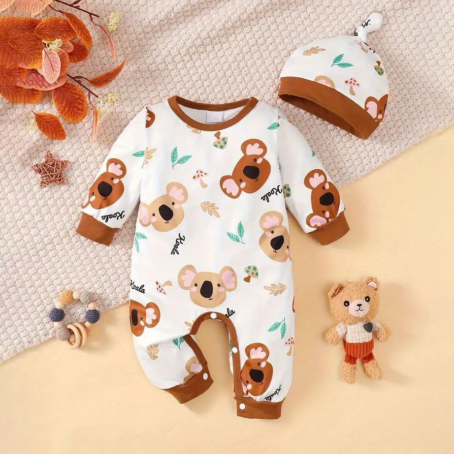 2PCS Comfortable Koala Printed Long Sleeve Baby Jumpsuit