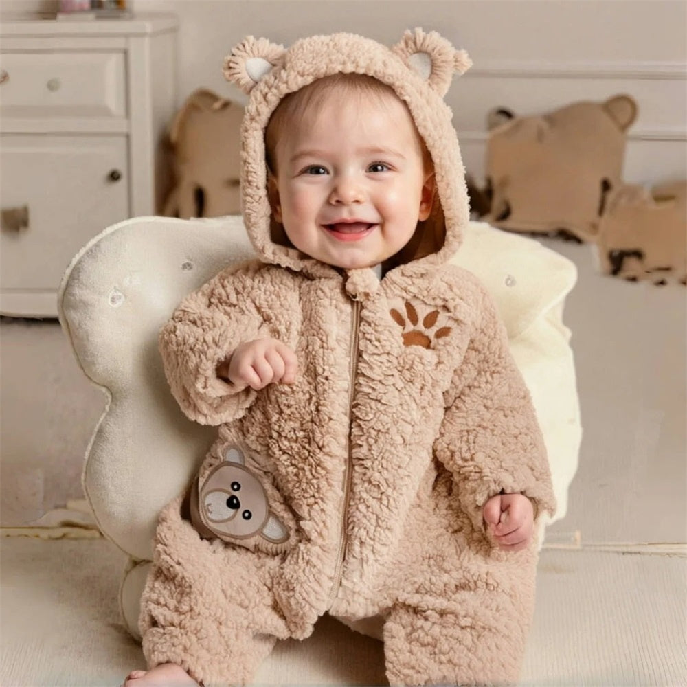 Adorable Bear Print Hooded Long Sleeve Baby Jumpsuit