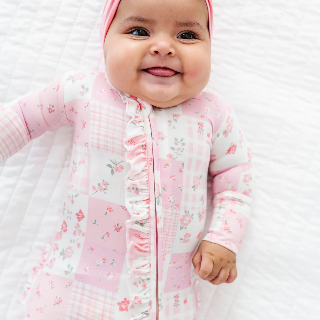 Pink Patchwork Floral Print Ruffle Zipper Long Sleeve Baby Jumpsuit