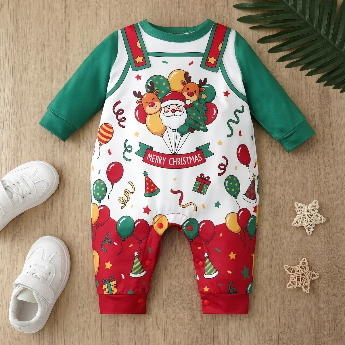 Cute Merry Christmas Letter Holiday Print Long Sleeve Baby Jumpsuit