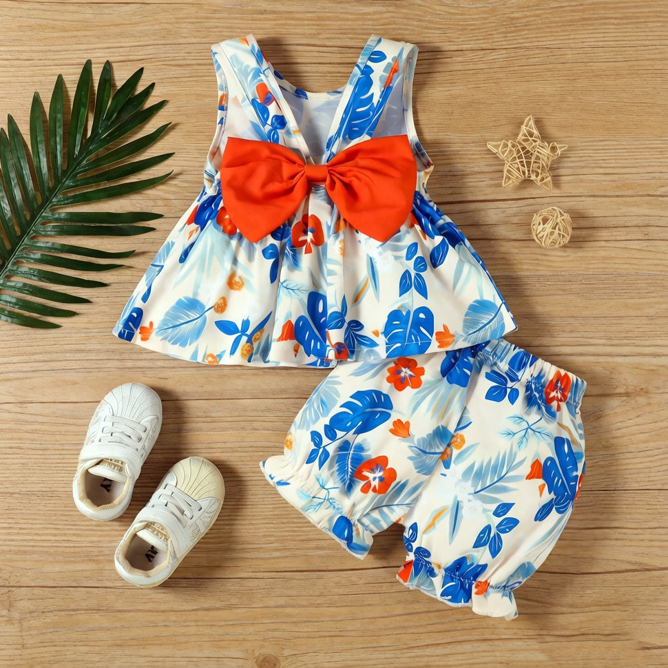 2PCS Cheerful Floral Printed Sleeveless Baby Set