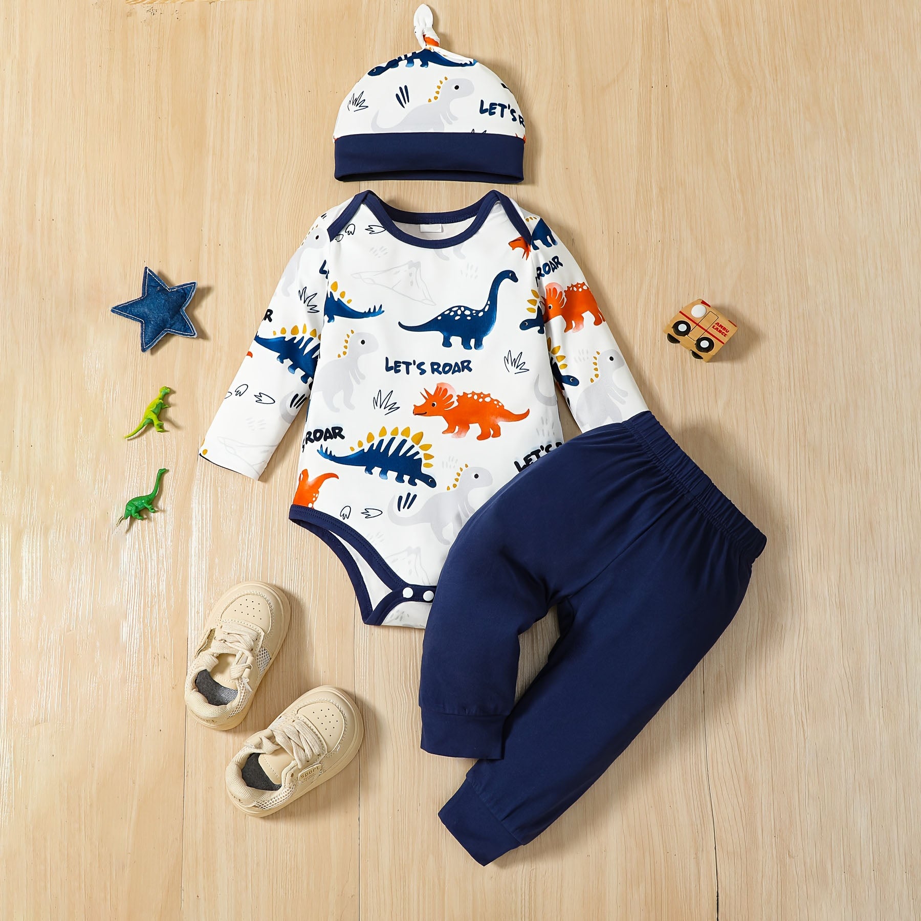 3PCS Lively Dinosaur Printed Long Sleeve Baby Set