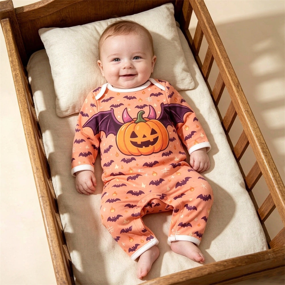 Lovely Halloween Bat Pumpkin Print Long Sleeve Baby Jumpsuit