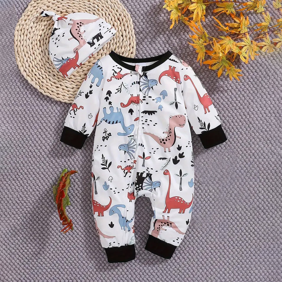 2PCS Cute Dinosaur Printed Long Sleeve Zipper Baby Jumpsuit