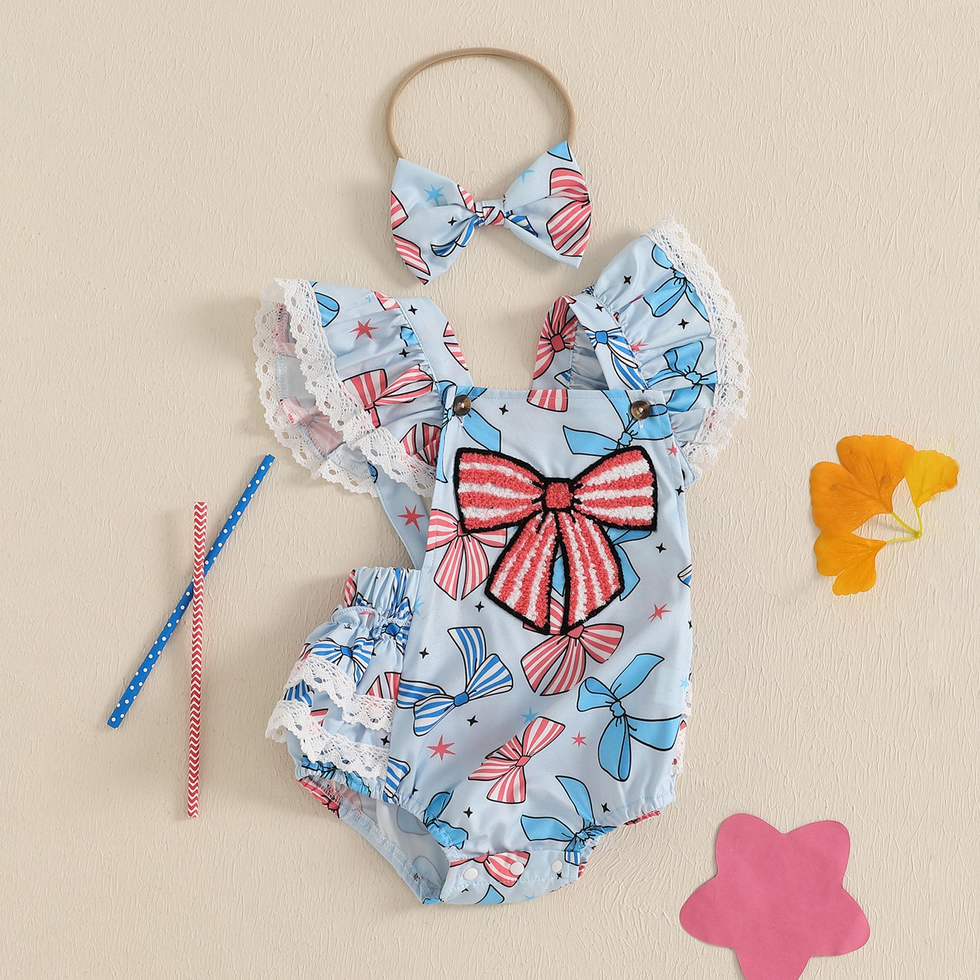 2PCS Cute Bow Printed Independence Day Baby Romper