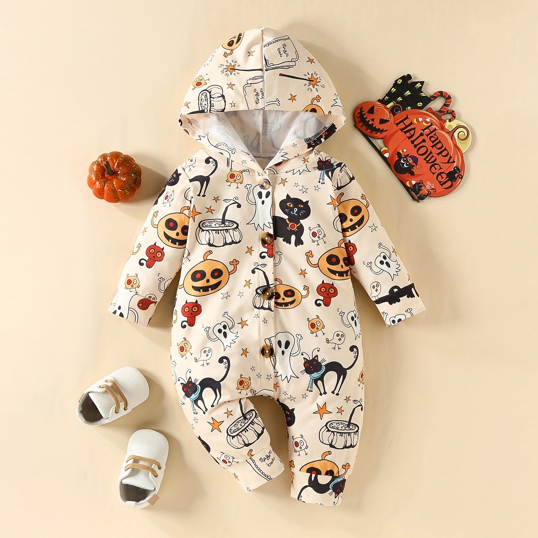 Cute Pumpkin Printed Long Sleeve Hooded Baby Jumpsuit