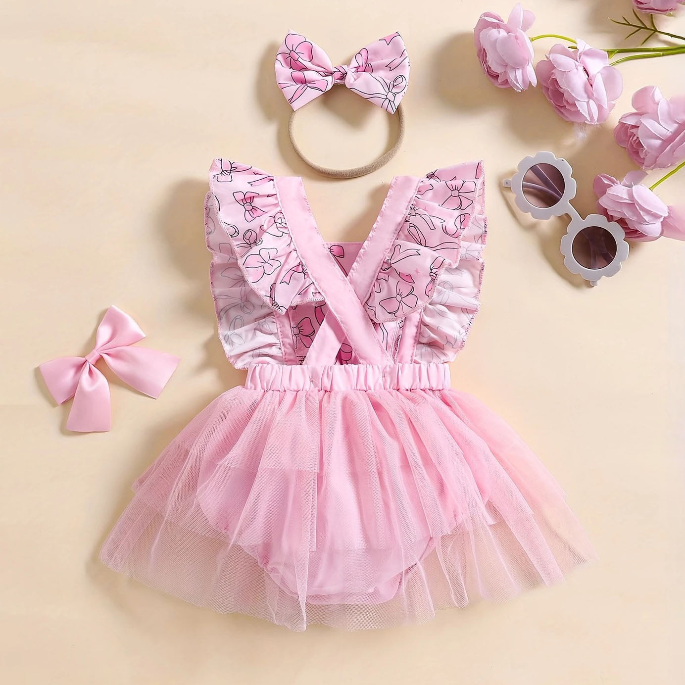 2PCS Cute Bow Printed Tulle Patchwork Baby Romper