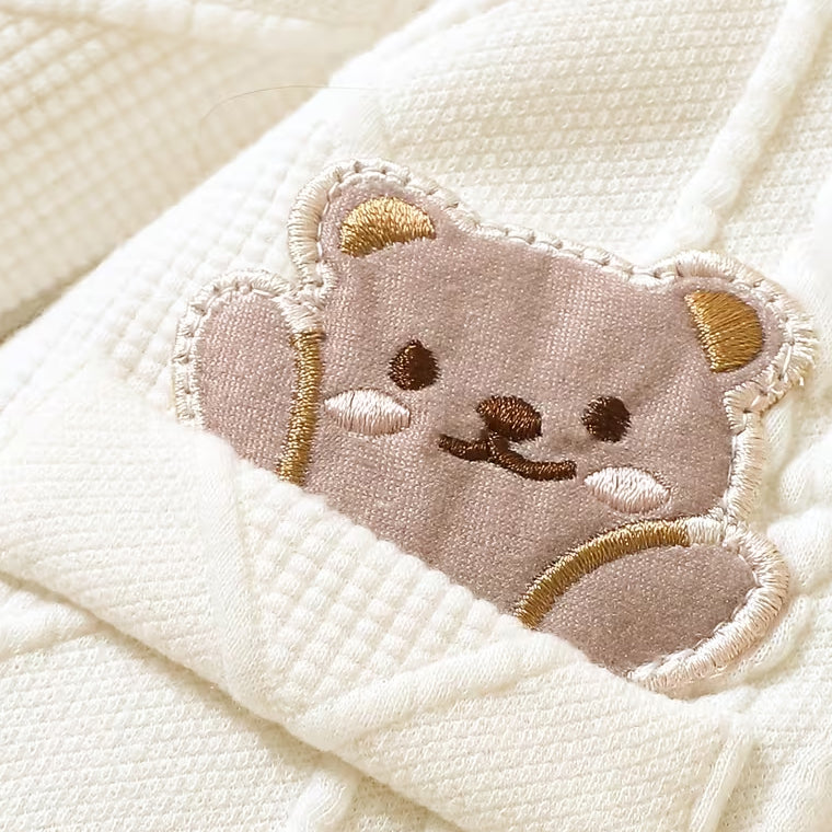 Cable Knit Rhombus Bear Embroidery Long Sleeve Baby Jumpsuit