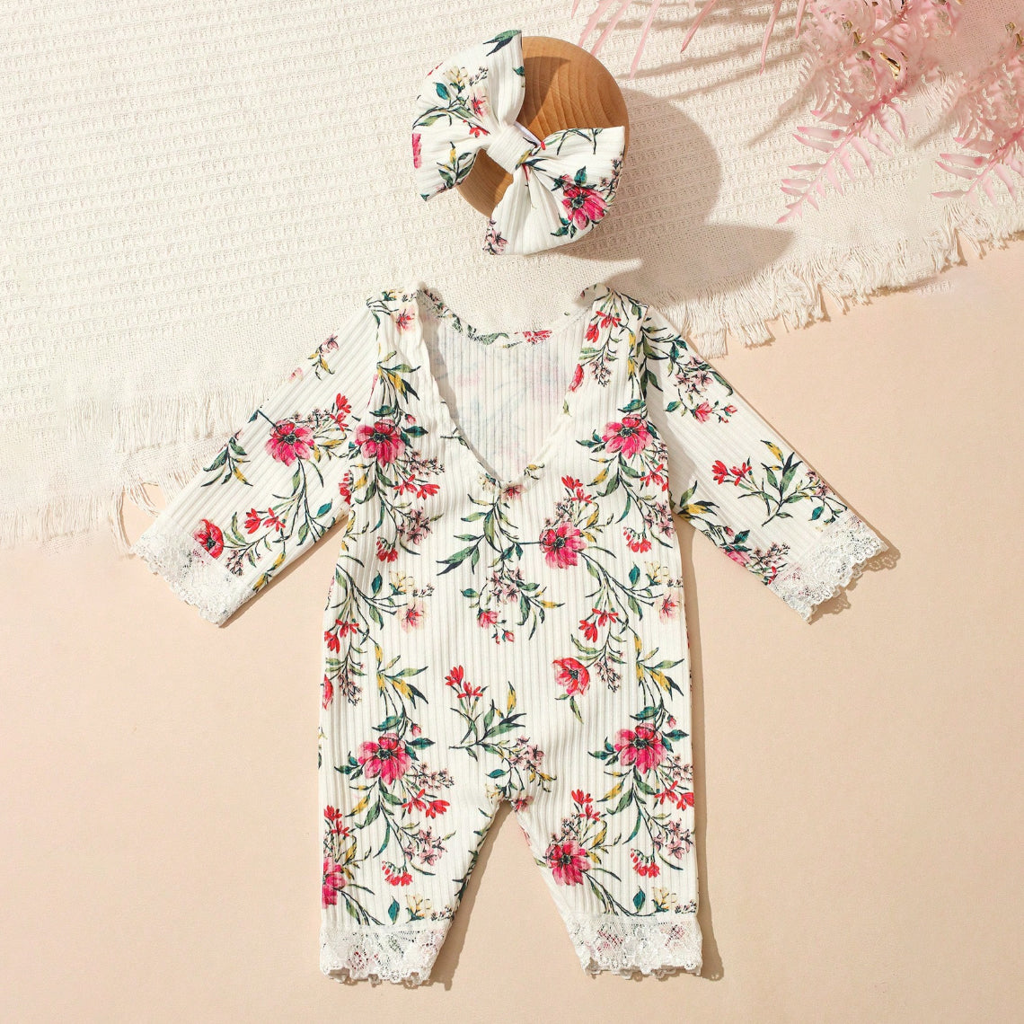 2PCS Sweet Floral Print Baby Girl Jumpsuit