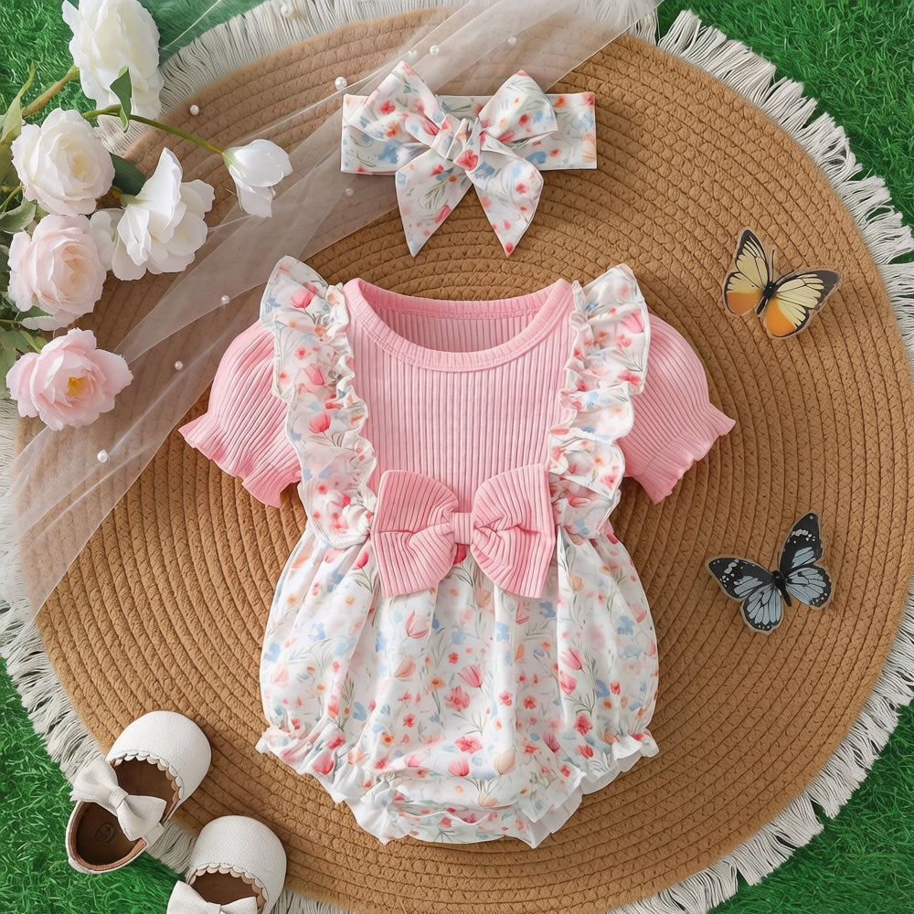 2PCS Pretty Floral Print Bow Short Sleeve Baby Girl Romper