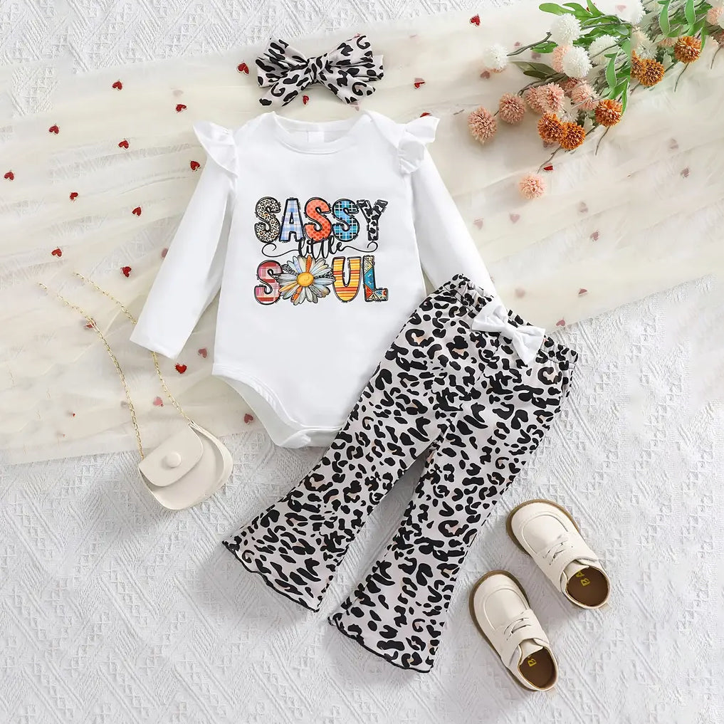 3PCS Sassy Little Soul Letter Leopard Printed Long Sleeve Baby Set