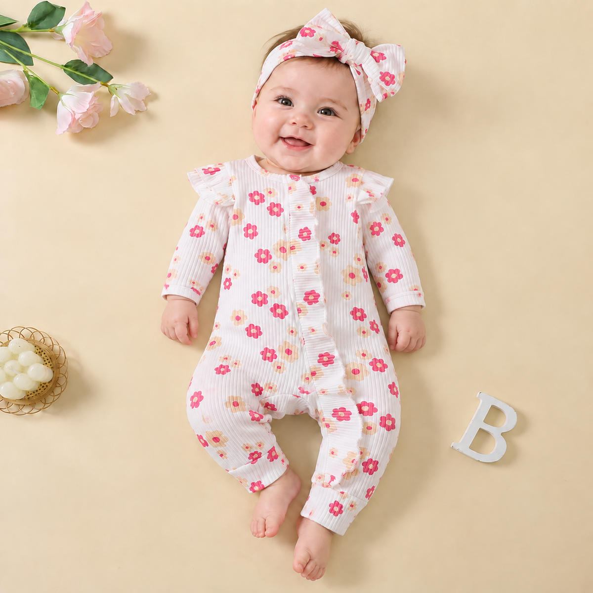 2PCS Sweet Floral Printed Ruffle Decor Long Sleeve Baby Jumpsuit