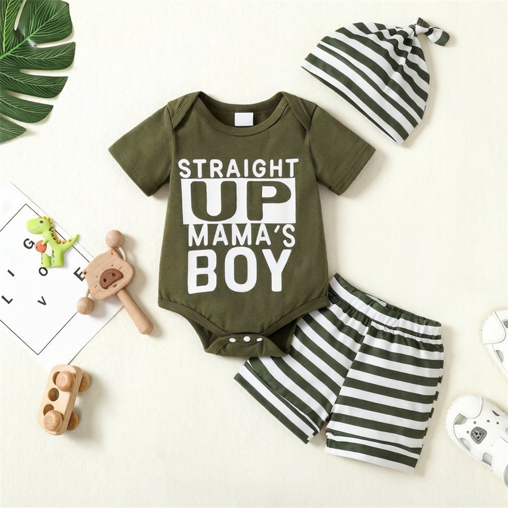 3PCS Straight Up Mama's Boy Letter Stripe Printed Baby Set