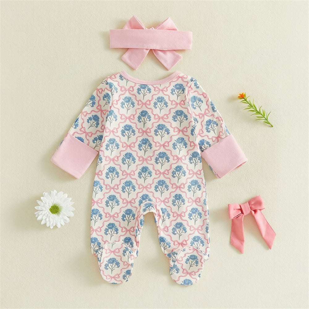 2PCS Adorable Floral Print Ruffle Zipper Long Sleeve Baby Jumpsuit