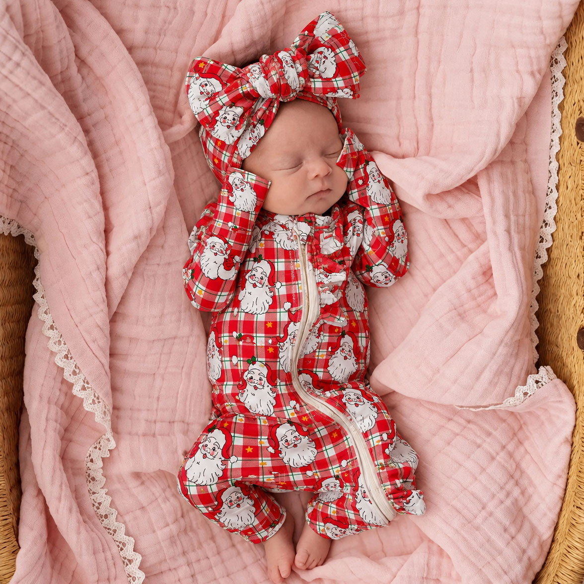 2PCS Santa Claus and Plaid Print Long Sleeve Zipper Baby Jumpsuit