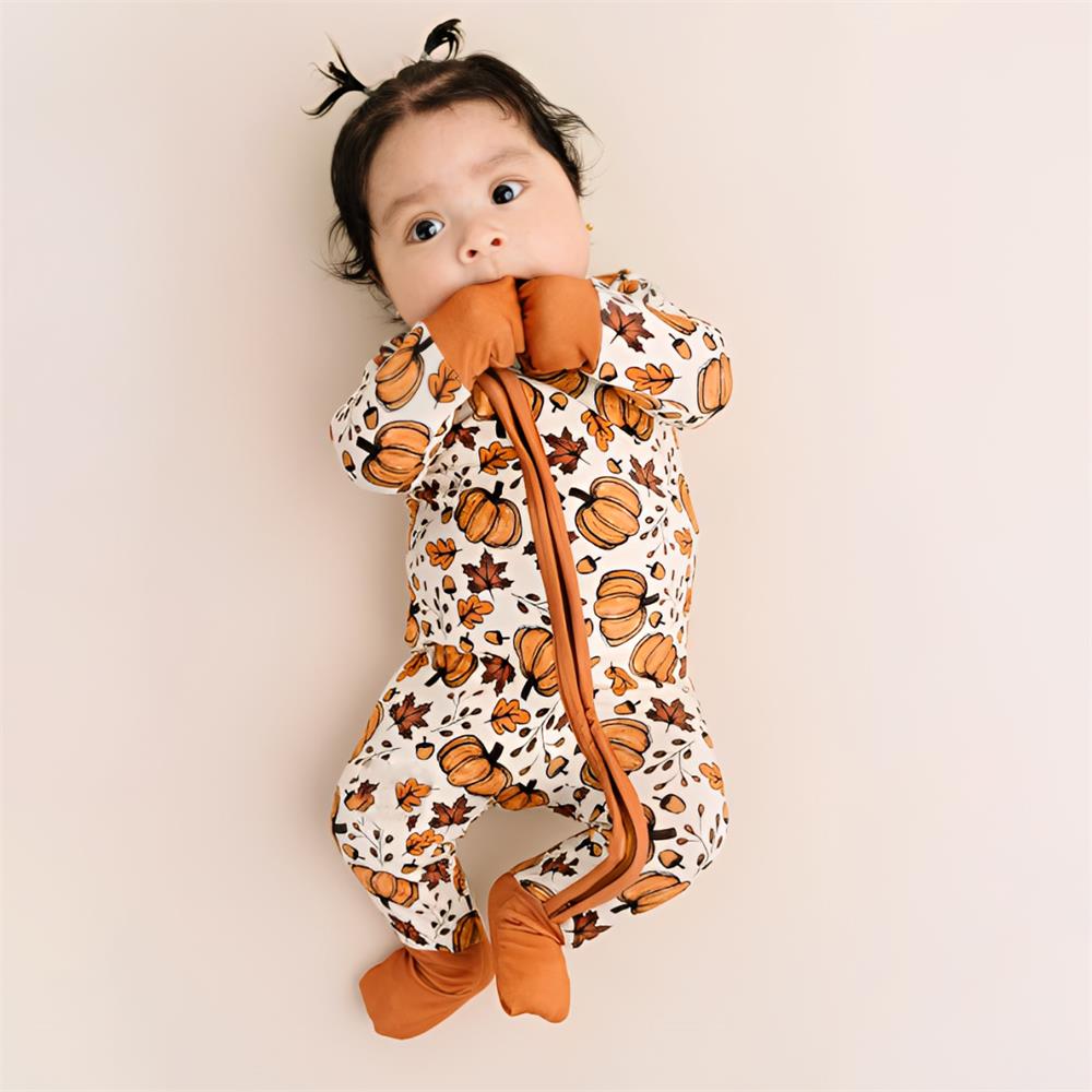 Casual Comfy Pumpkin Print Long Sleeve Baby Jumpsuit