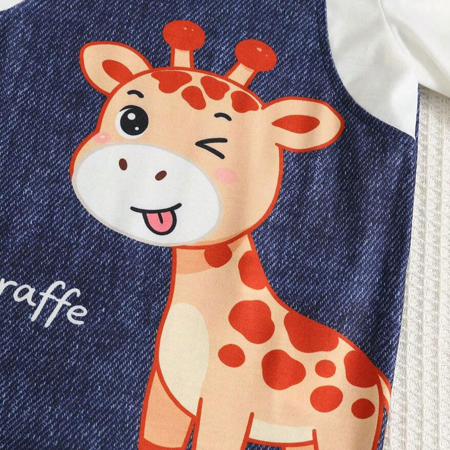 Sweet Faux Layer Giraffe Print Long Sleeve Baby Girl Jumpsuit