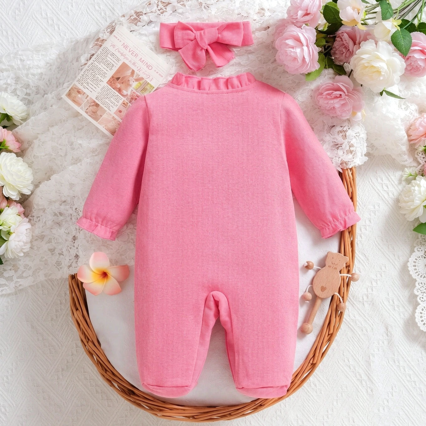 2PCS Refined Solid Color Long Sleeve Lace Baby Girl Jumpsuit