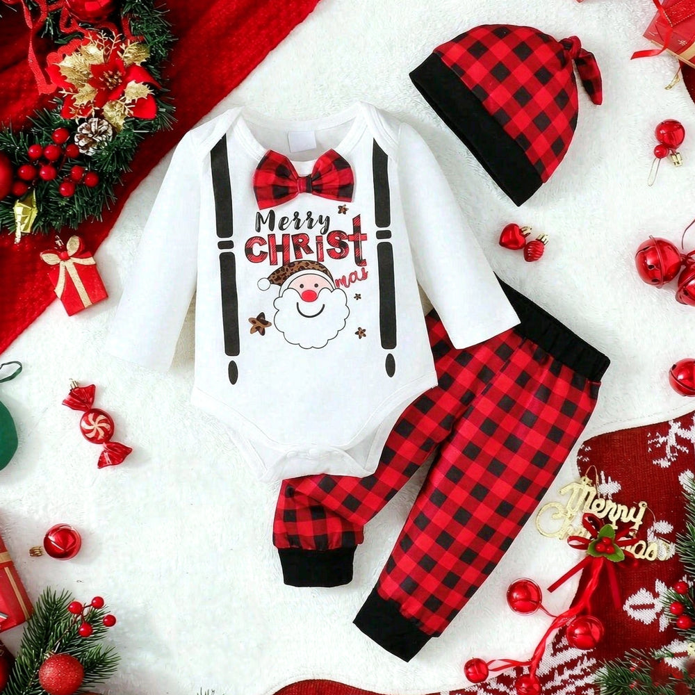 3PCS Merry Christmas Letter Santa Plaid Print Baby Boy Set